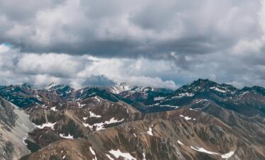 A breathtaking aerial view of the rugged, snow-capped Himalayan peaks under dramatic clouds.